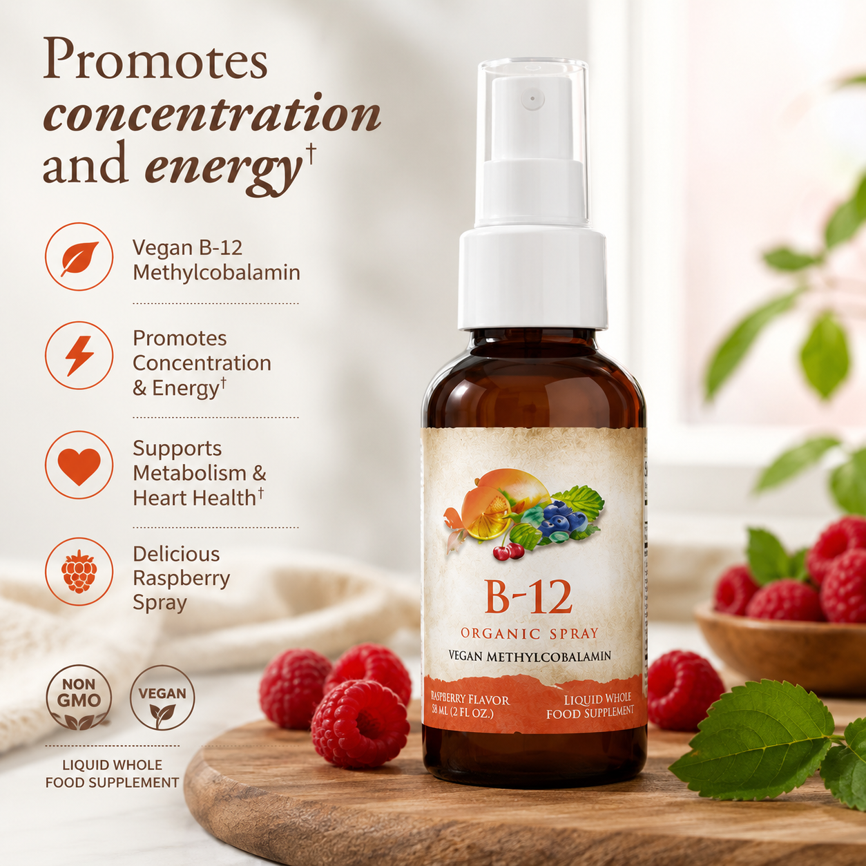 Organic B-12 Spray – Vegan Methylcobalamin | Raspberry Flavor | 500 mcg | 58 mL