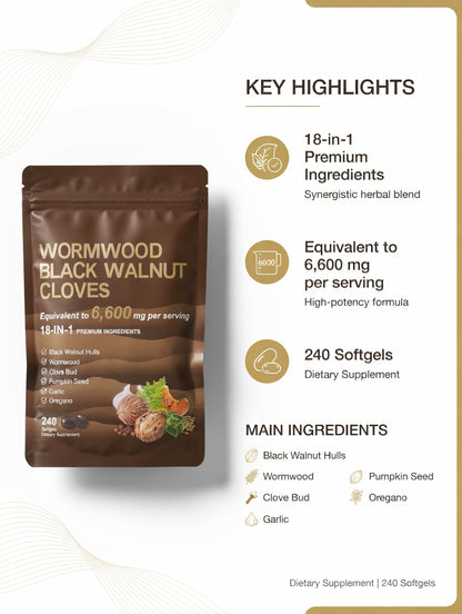 Wormwood Black Walnut Cloves Softgels – 18-in-1 Herbal Blend