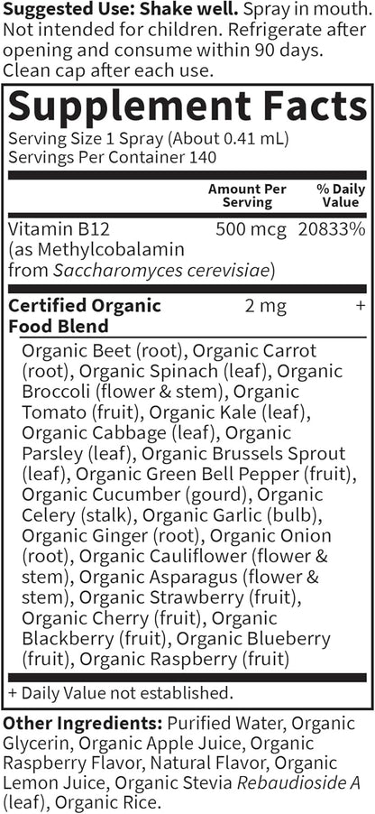 Organic B-12 Spray – Vegan Methylcobalamin | Raspberry Flavor | 500 mcg | 58 mL