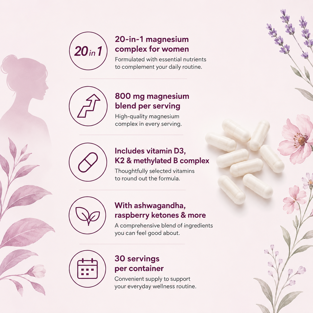 Magnesium Complex for Women – 20-in-1 with D3, K2, B Complex & Ashwagandha