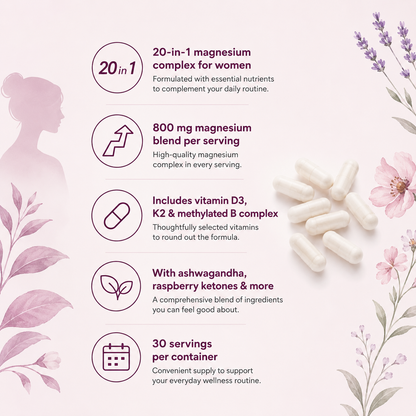 Magnesium Complex for Women – 20-in-1 with D3, K2, B Complex & Ashwagandha