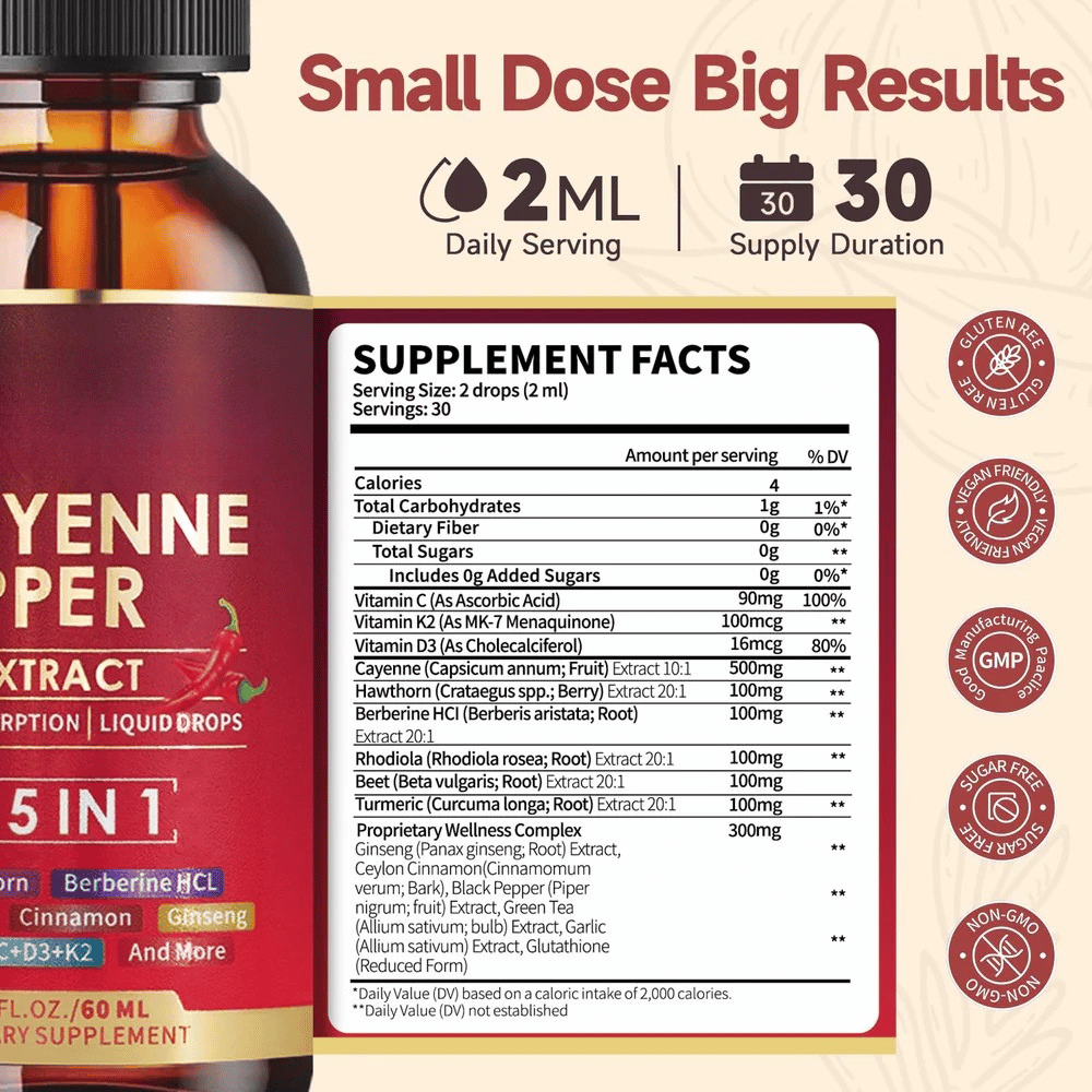 Cayenne Pepper 15-in-1 Herbal Extract Liquid Drops – Daily Energy & Vitality Blend