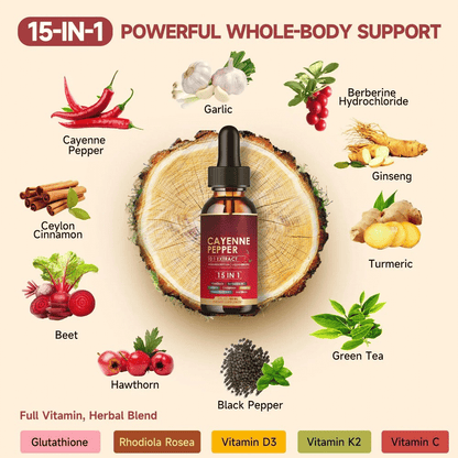 Cayenne Pepper 15-in-1 Herbal Extract Liquid Drops – Daily Energy & Vitality Blend