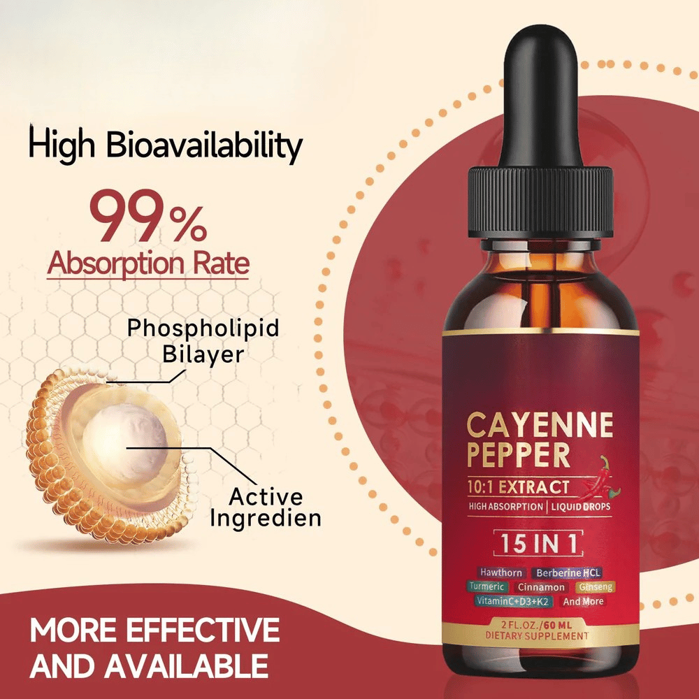 Cayenne Pepper 15-in-1 Herbal Extract Liquid Drops – Daily Energy & Vitality Blend