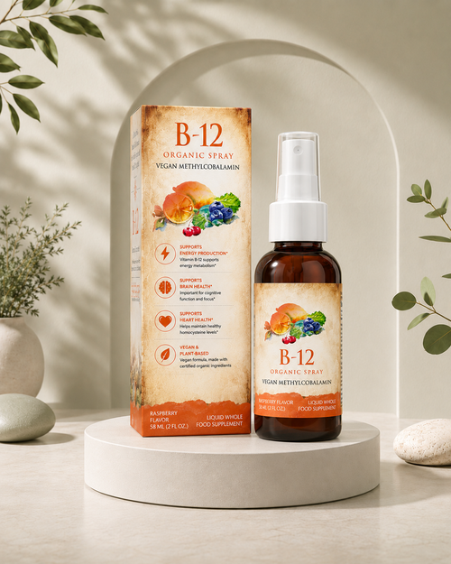 Organic B-12 Spray – Vegan Methylcobalamin | Raspberry Flavor | 500 mcg | 58 mL