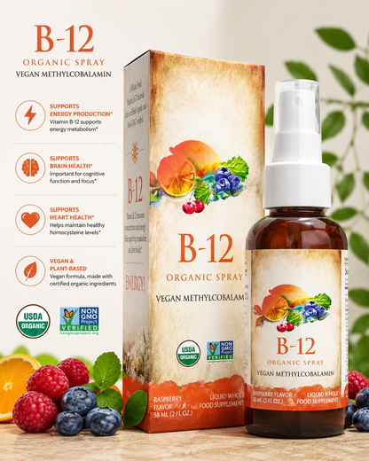 Organic B-12 Spray – Vegan Methylcobalamin | Raspberry Flavor | 500 mcg | 58 mL