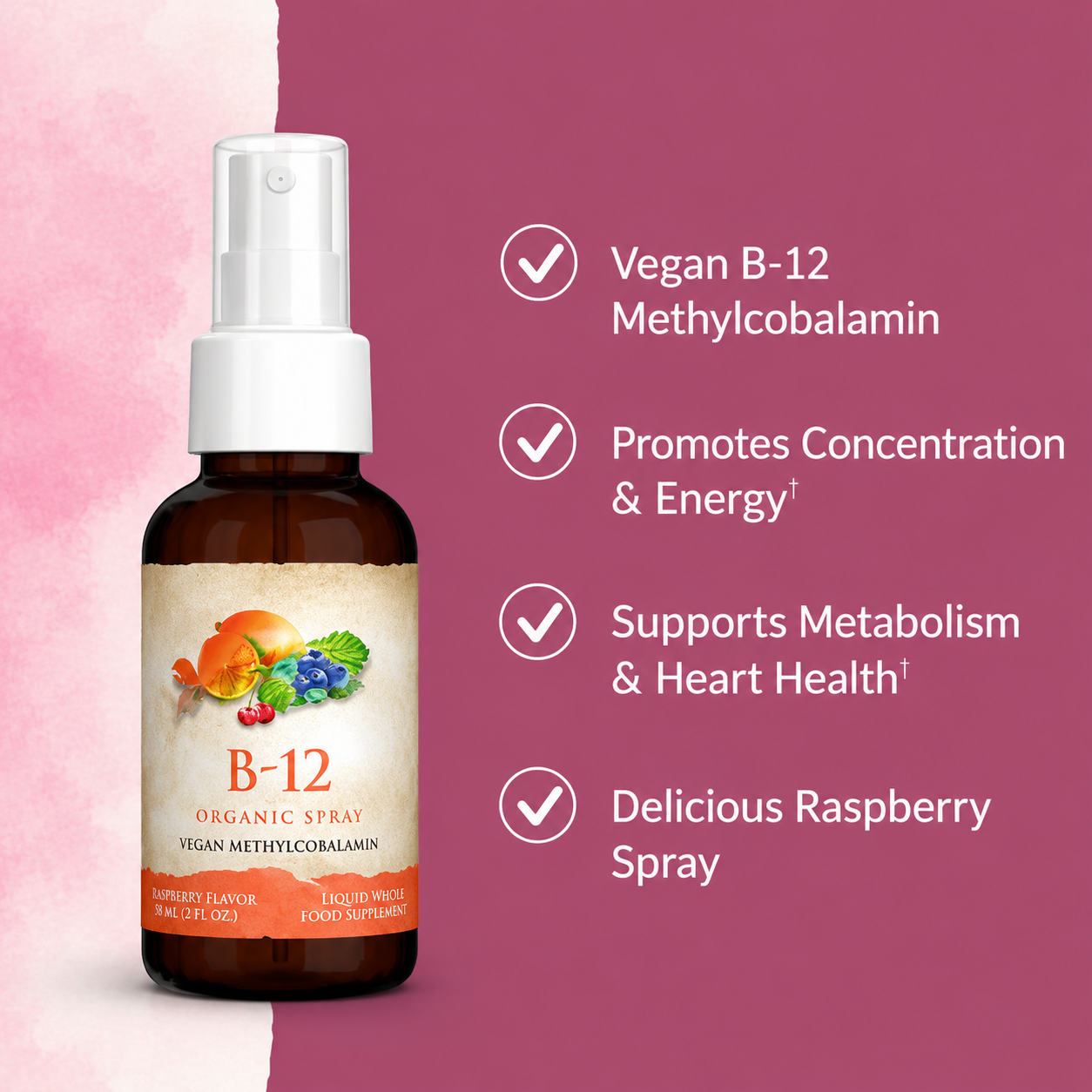 Organic B-12 Spray – Vegan Methylcobalamin | Raspberry Flavor | 500 mcg | 58 mL