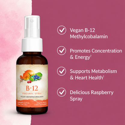 Organic B-12 Spray – Vegan Methylcobalamin | Raspberry Flavor | 500 mcg | 58 mL